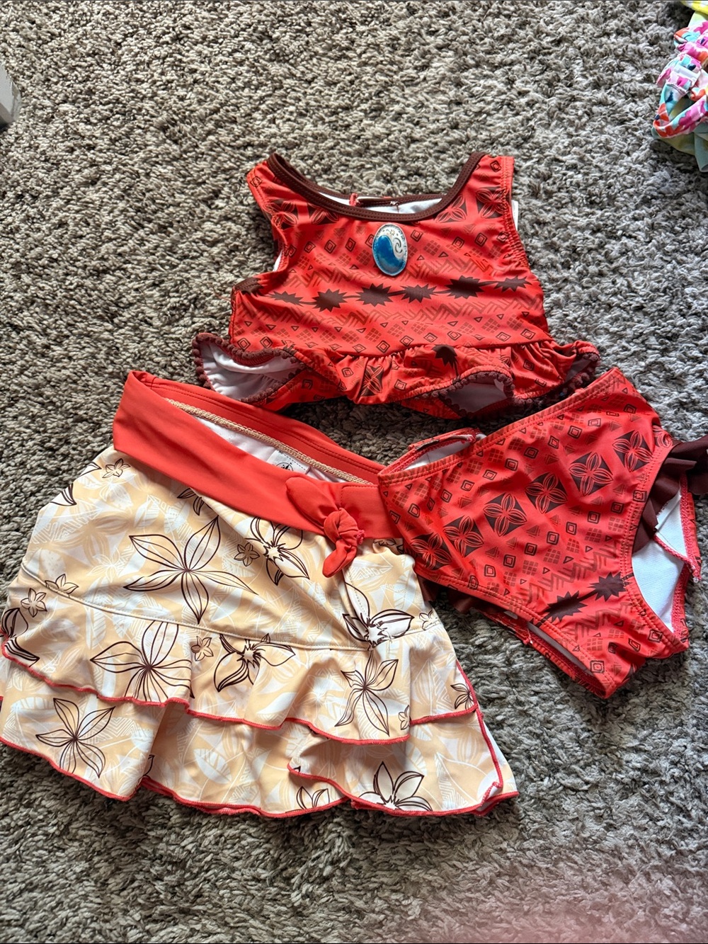 Disney Red Floral Print Girls Two-Piece Swim Set with Skirt
